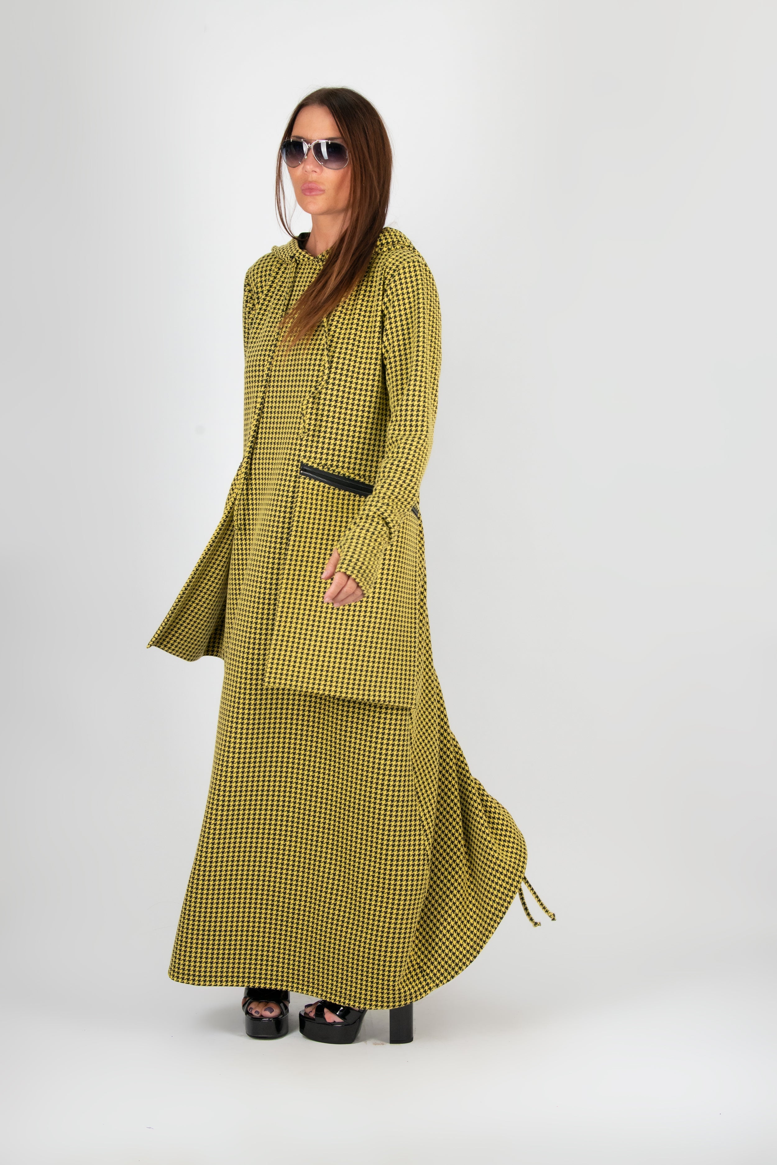 Yellow Plaid Hooded Maxi Dress With Big Pockets by EUG Fashion