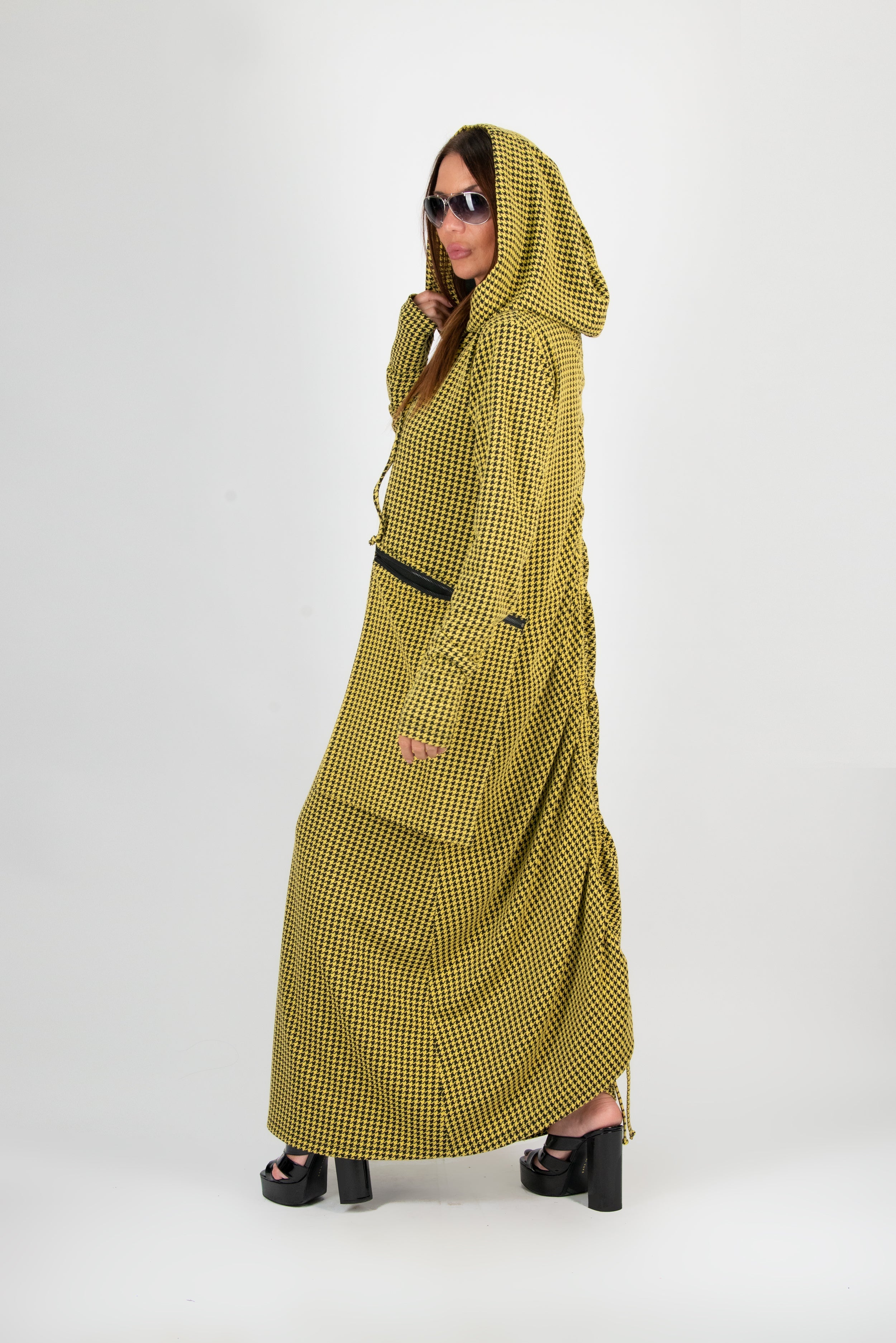 Yellow Plaid Hooded Maxi Dress With Big Pockets by EUG Fashion